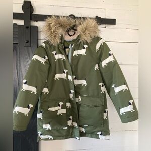 Boden Olive Green girls down Jacket with fun Dog Print 11/12